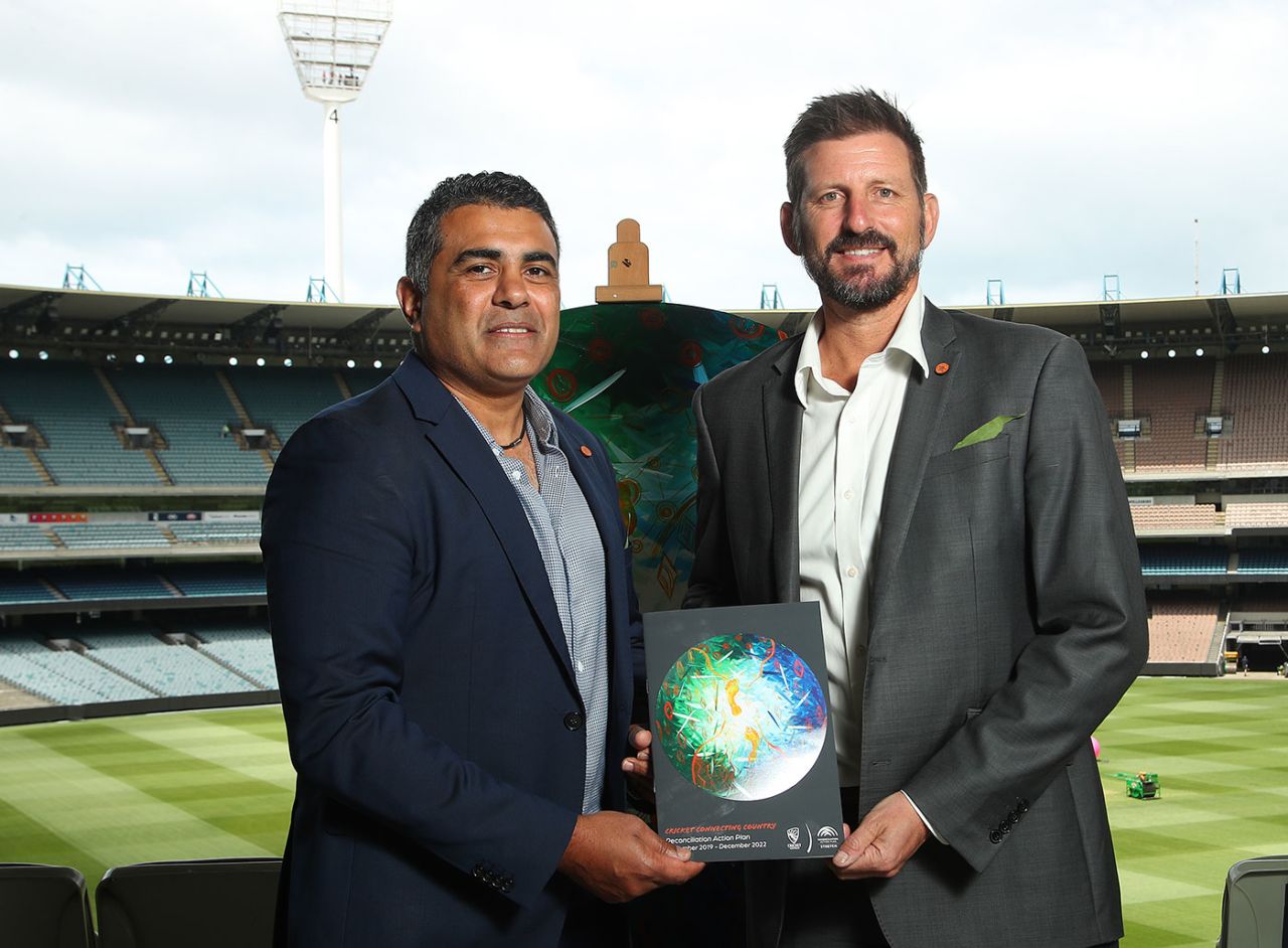 Justin Mohamed with Michael Kasprowicz at the launch of Cricket Australia's reconciliation action plan, Melbourne, December 6, 2019