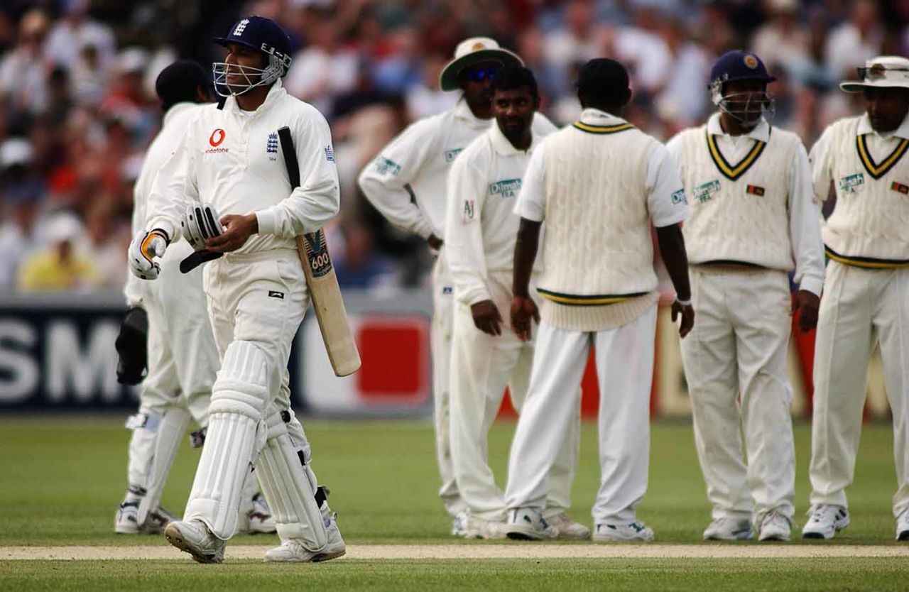 Mark Butcher walks back after being bowled by Muttiah Muralitharan, England v Sri Lanka, 2nd Test, Edgbaston, May 31, 2002