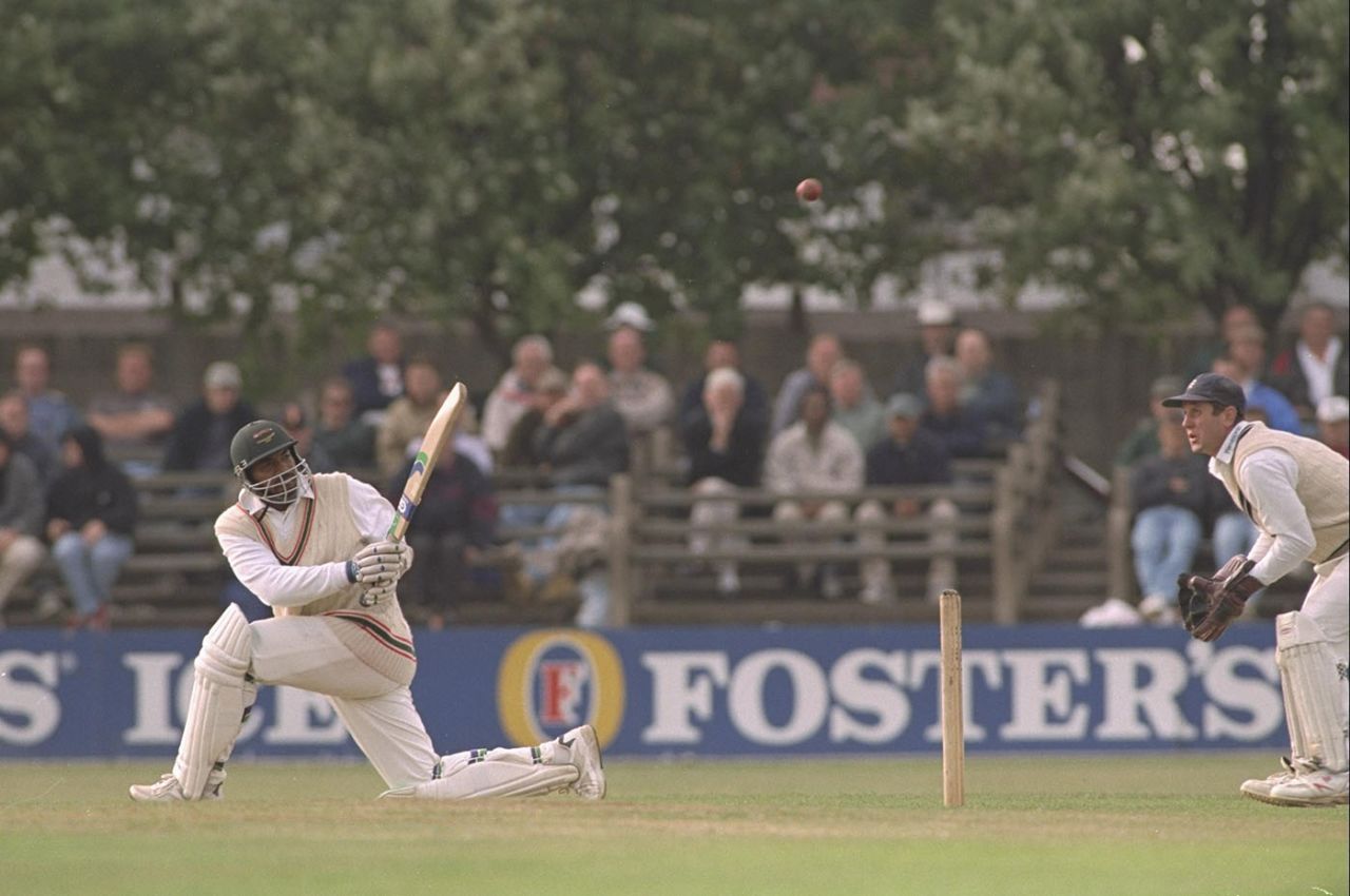 Phil Simmons sweeps on his way to a century, Leicestershire v Middlesex, Grace Road, September 22, 1996