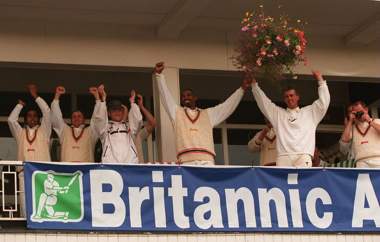 Leicestershire's celebrate news of their title on the balcony at Grace Road, Leicestershire v Middlesex, Grace Road, September 21, 1996