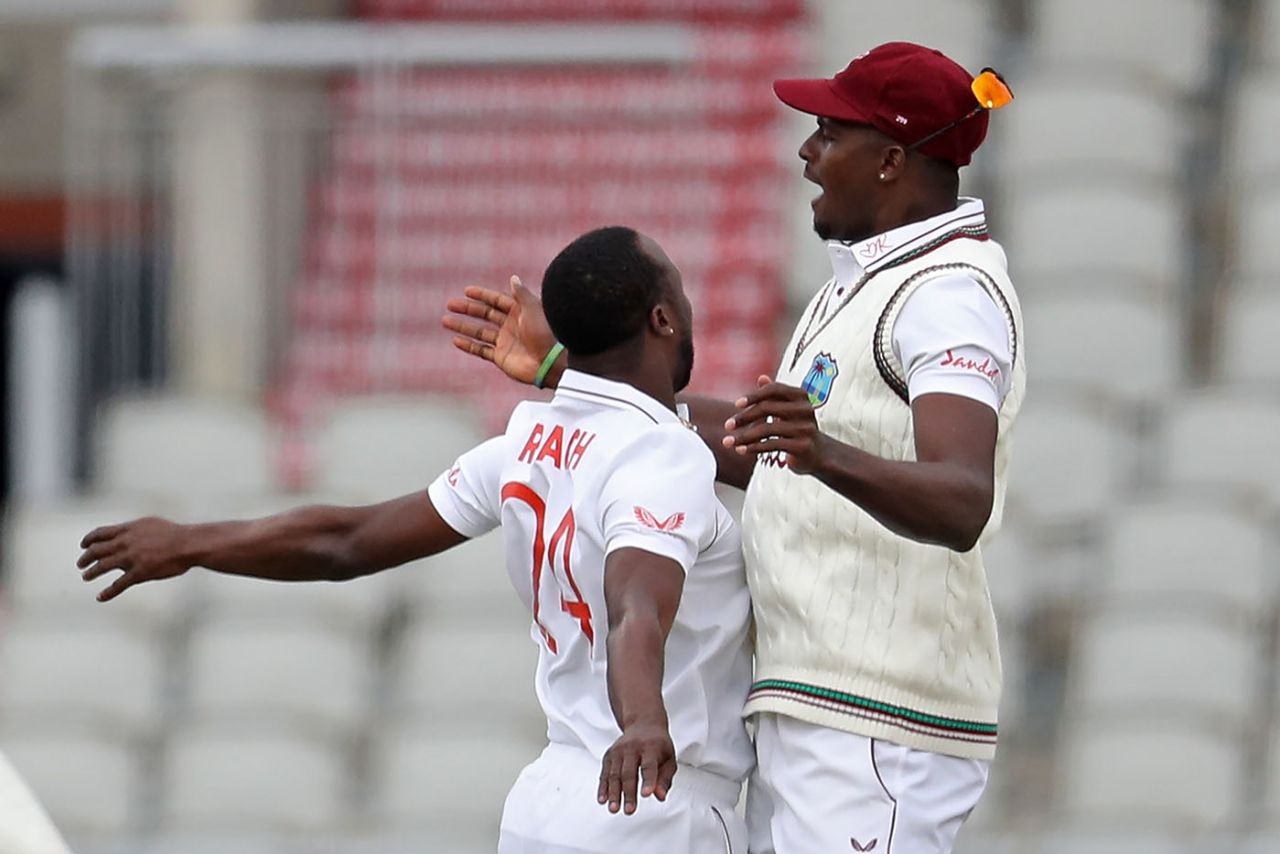 Kemar Roach celebrates making the breakthrough, England v West Indies, 3rd Test, Old Trafford, 1st day, July 24, 2020