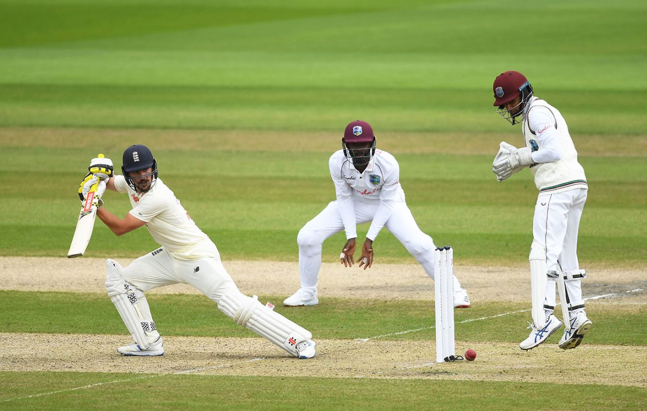 Rory Burns dabs behind square, England v West Indies, 3rd Test, Old Trafford, 1st day, July 24, 2020