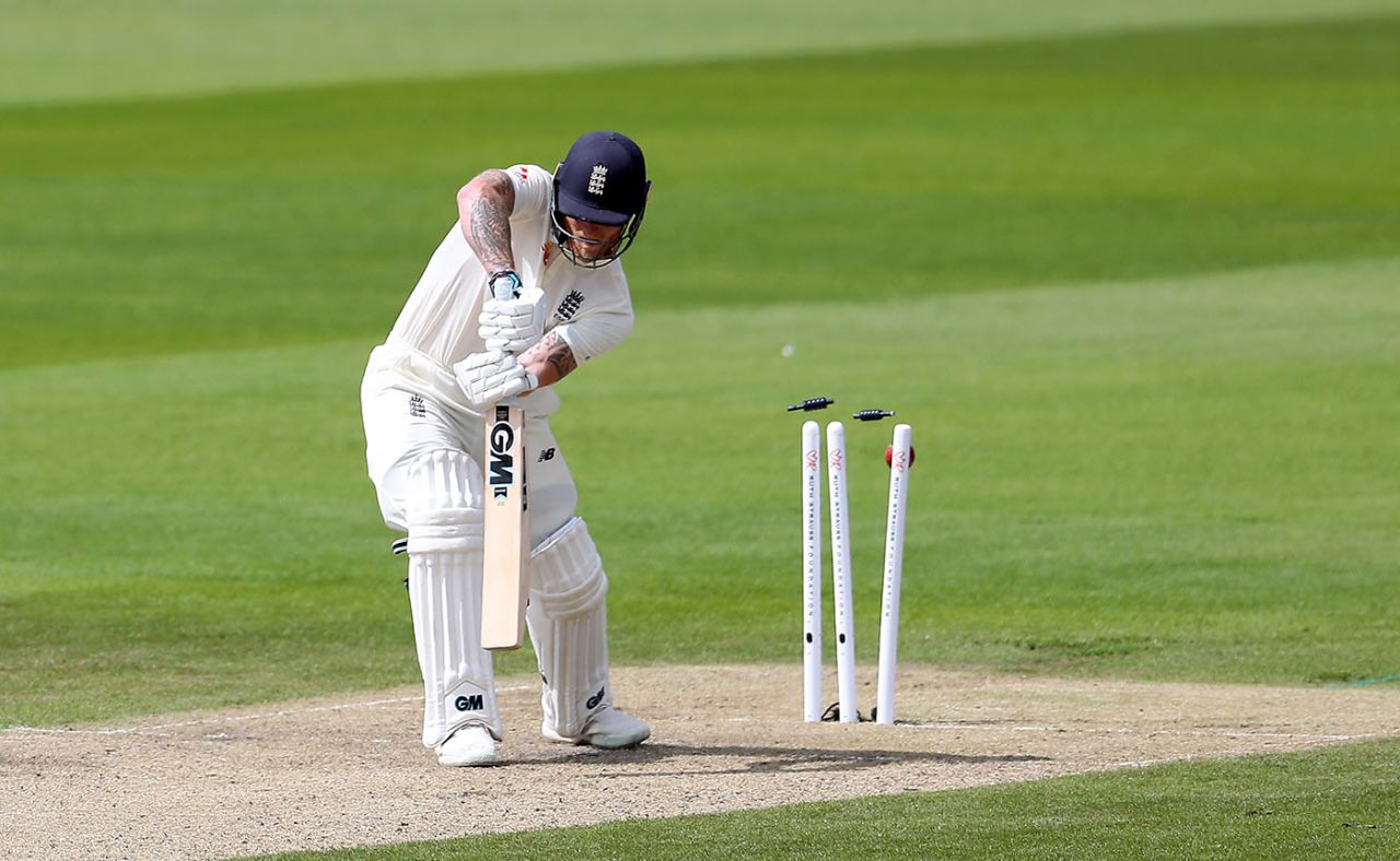 Ben Stokes was bowled by Kemar Roach, England v West Indies, 3rd Test, Old Trafford, 1st day, July 24, 2020