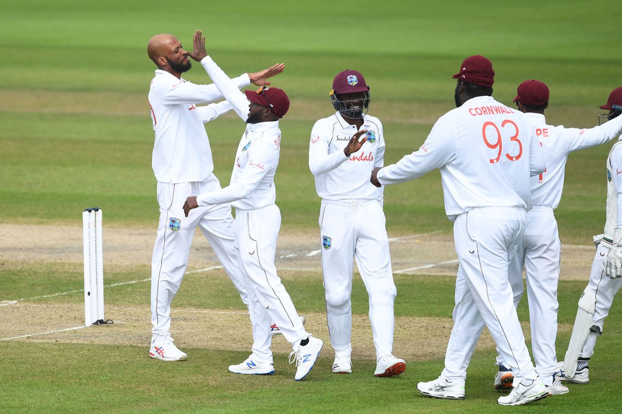 Roston Chase gets a high five, England v West Indies, 3rd Test, Old Trafford, 1st day, July 24, 2020