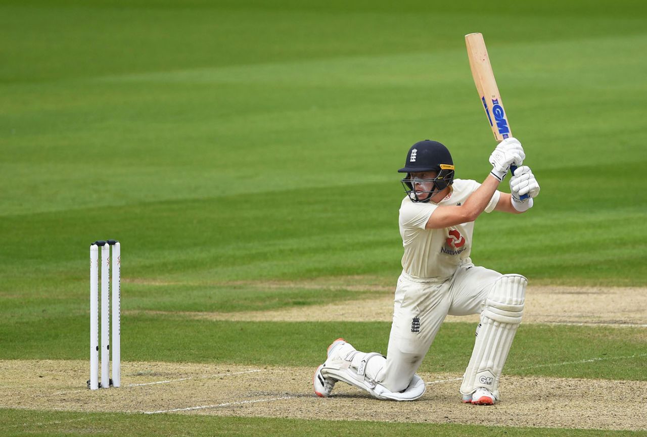 Ollie Pope is forward to drive, England v West Indies, 3rd Test, Old Trafford, 1st day, July 24, 2020