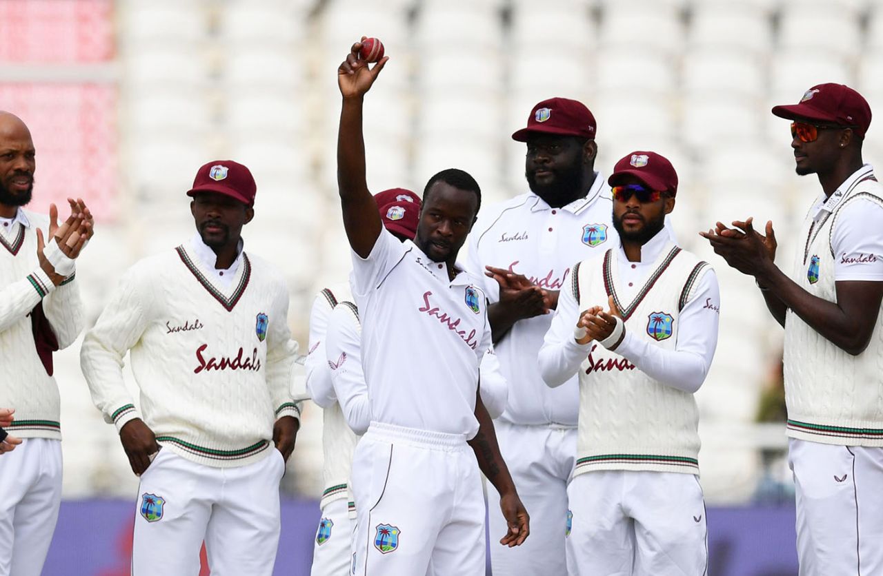 Kemar Roach acknowledges reaching the 200-wicket mark, England v West Indies, 3rd Test, Emirates Old Trafford, 2nd day, July 25, 2020