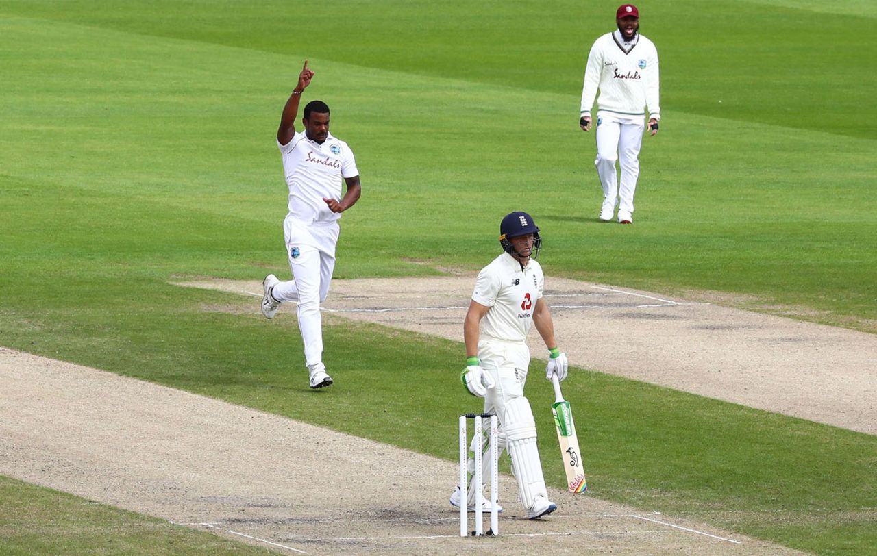 Shannon Gabriel claimed the wicket of Jos Buttler, England v West Indies, 3rd Test, Emirates Old Trafford, 2nd day, July 25, 2020
