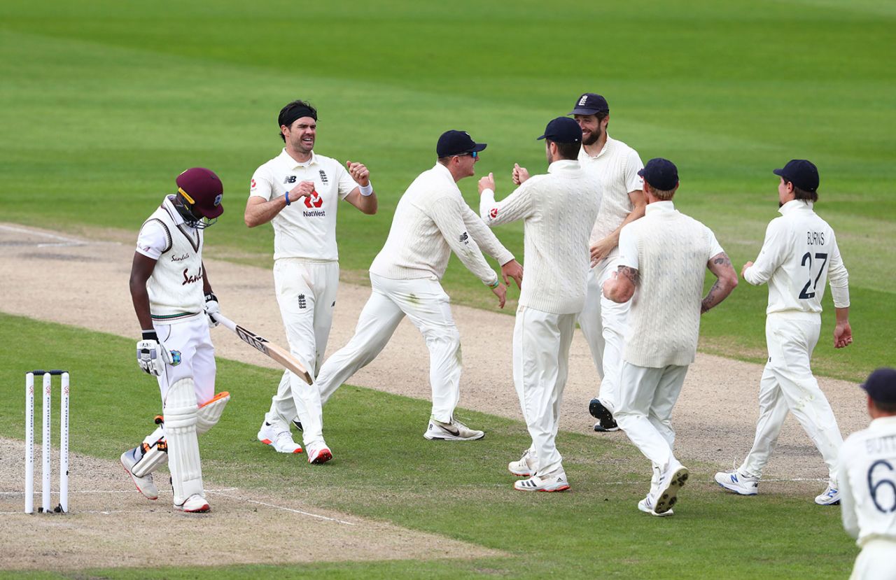 James Anderson claimed the wicket of Shamarh Brooks, England v West Indies, 3rd Test, Emirates Old Trafford, 2nd day, July 25, 2020