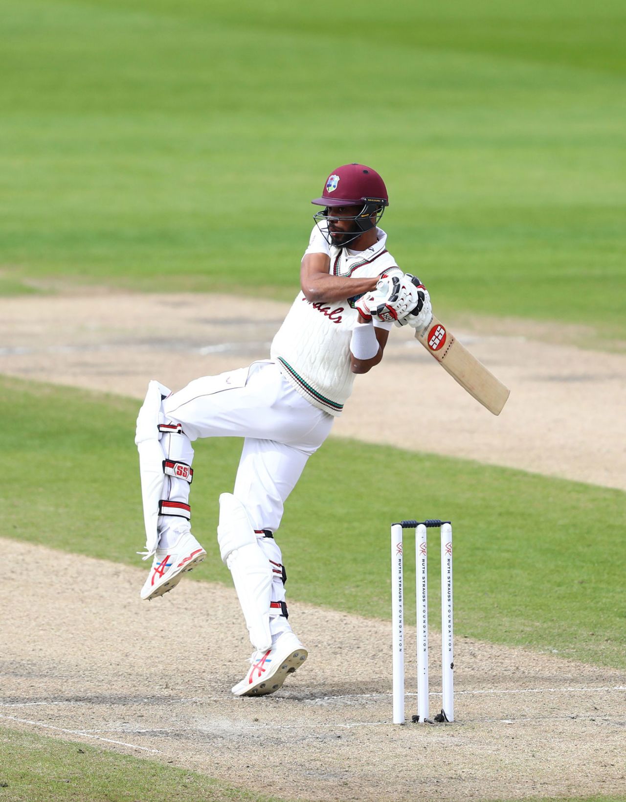Roston Chase rolls his wrists on a pull, England v West Indies, 3rd Test, Emirates Old Trafford, 2nd day, July 25, 2020