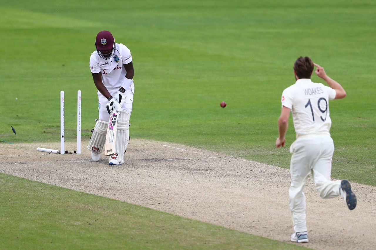Jermaine Blackwood lost his middle stump in emphatic fashion, England v West Indies, 3rd Test, Emirates Old Trafford, 2nd day, July 25, 2020