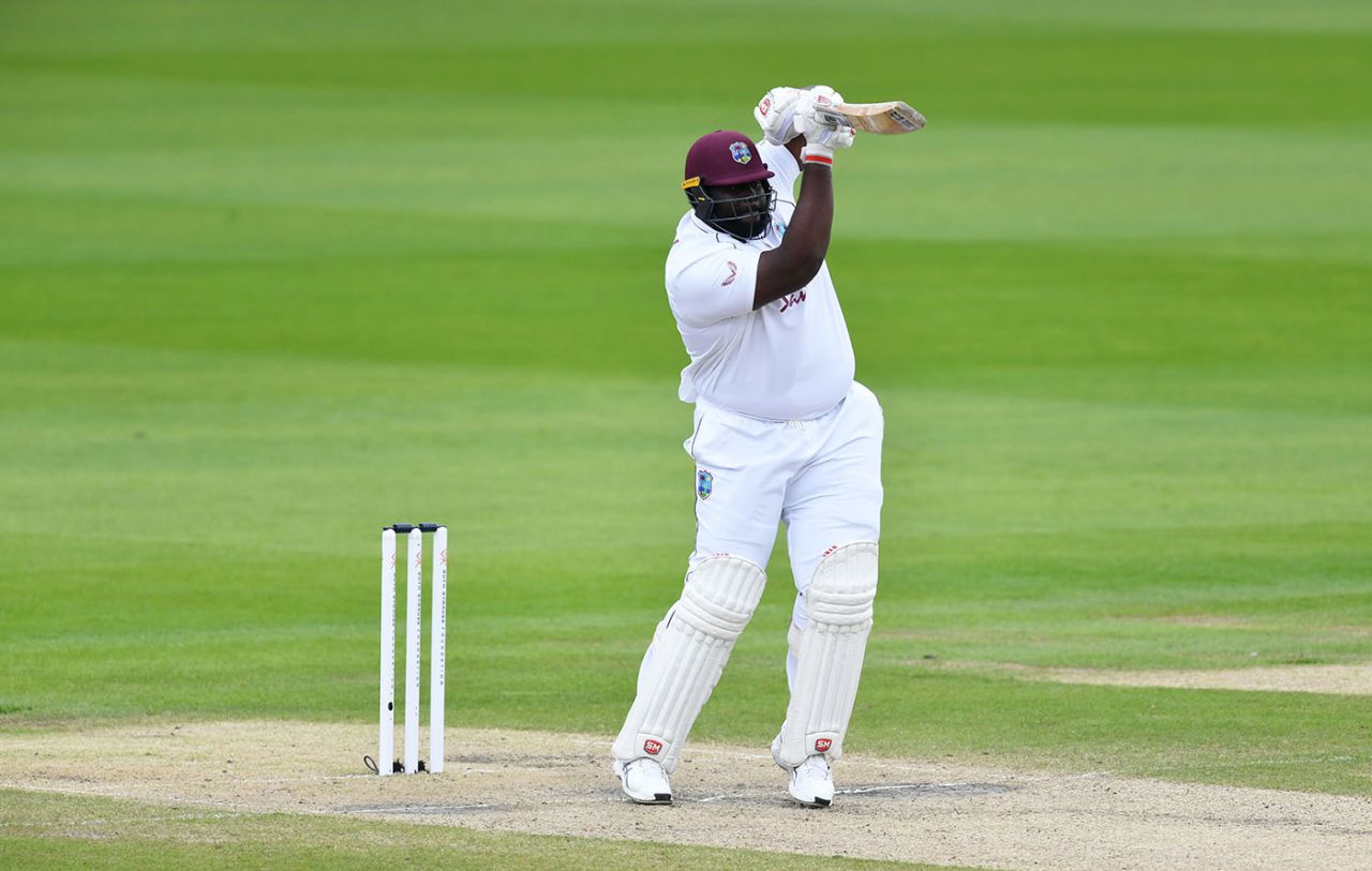 Rahkeem Cornwall punches a drive, England v West Indies, 3rd Test, Emirates Old Trafford, 3rd day, July 26, 2020