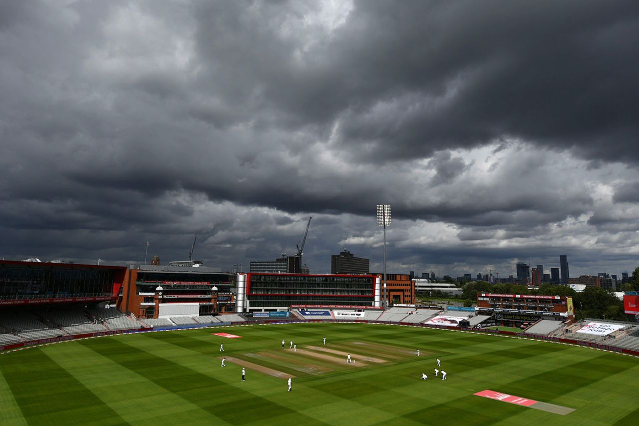 Dark clouds gather above the ground, England v West Indies, 3rd Test, Emirates Old Trafford, 3rd day, July 26, 2020