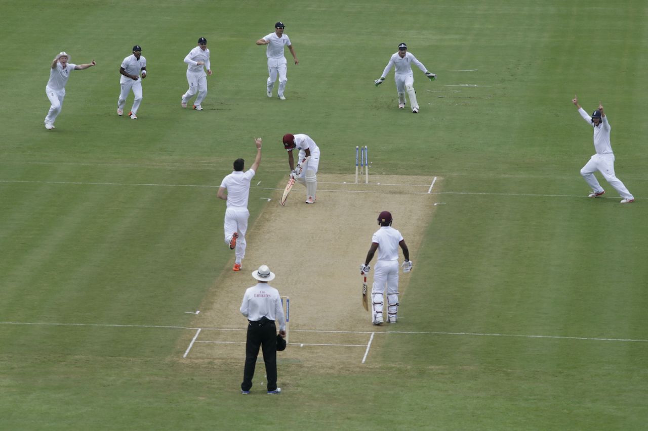 James Anderson castled Kraigg Brathwaite, West Indies v England, 2nd Test, St George's, 1st day, April 21, 2015