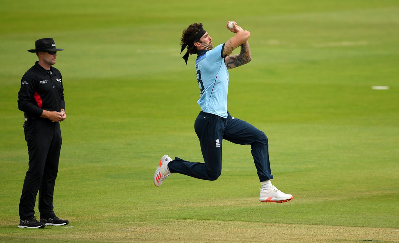 Reece Topley bowls in an England intra-squad game, Team Moeen v Team Vince, Ageas Bowl, July 24, 2020