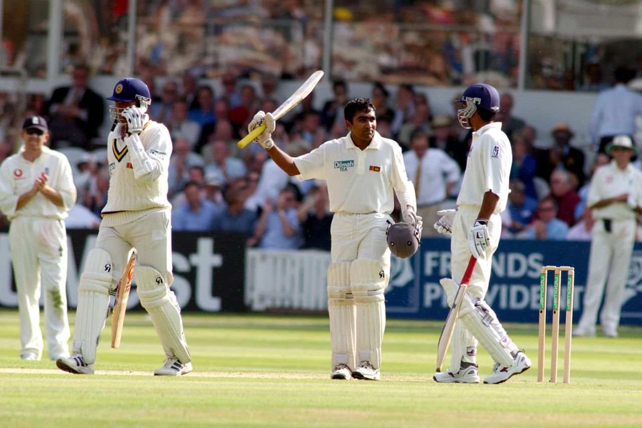 Mahela Jayawardene celebrates his hundred with Marvan Atapattu and runner Kumar Sangakkara, England v Sri Lanka, first Test, day one, Lord's, May 16, 2002