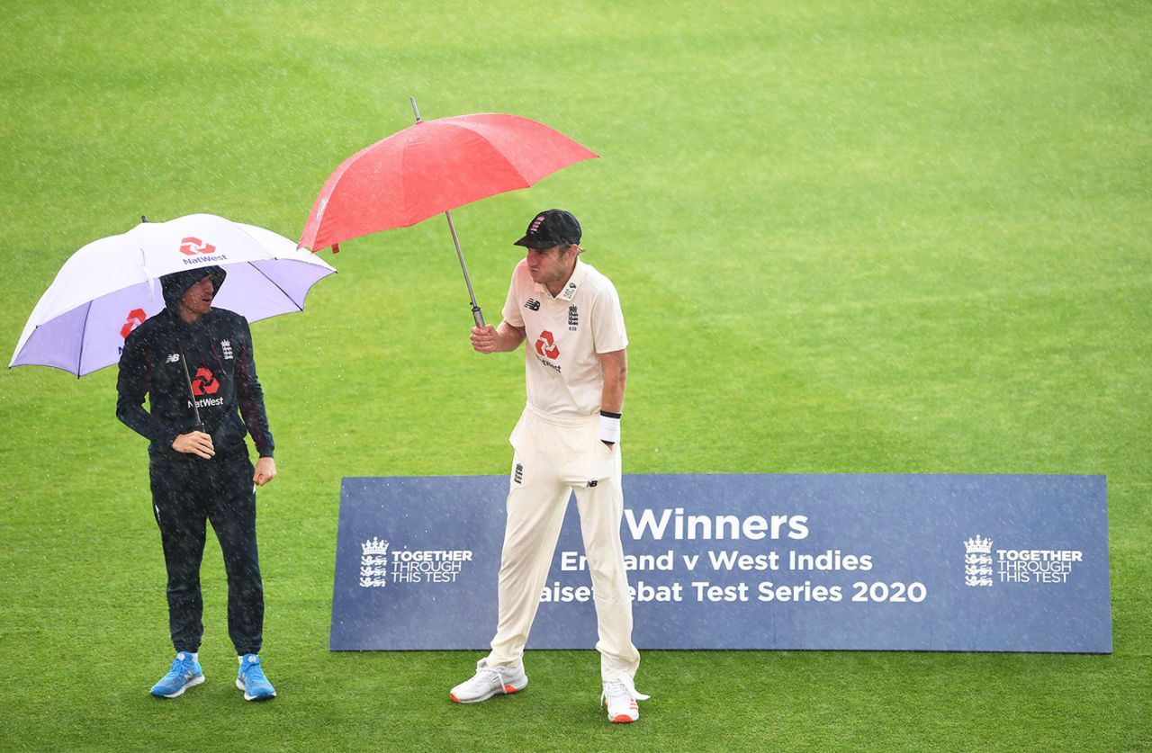Stuart Broad, England's man of the series, braves the rain at Old Trafford, England v West Indies, Third Test, Day 5, Emirates Old Trafford, July 28, 2020
