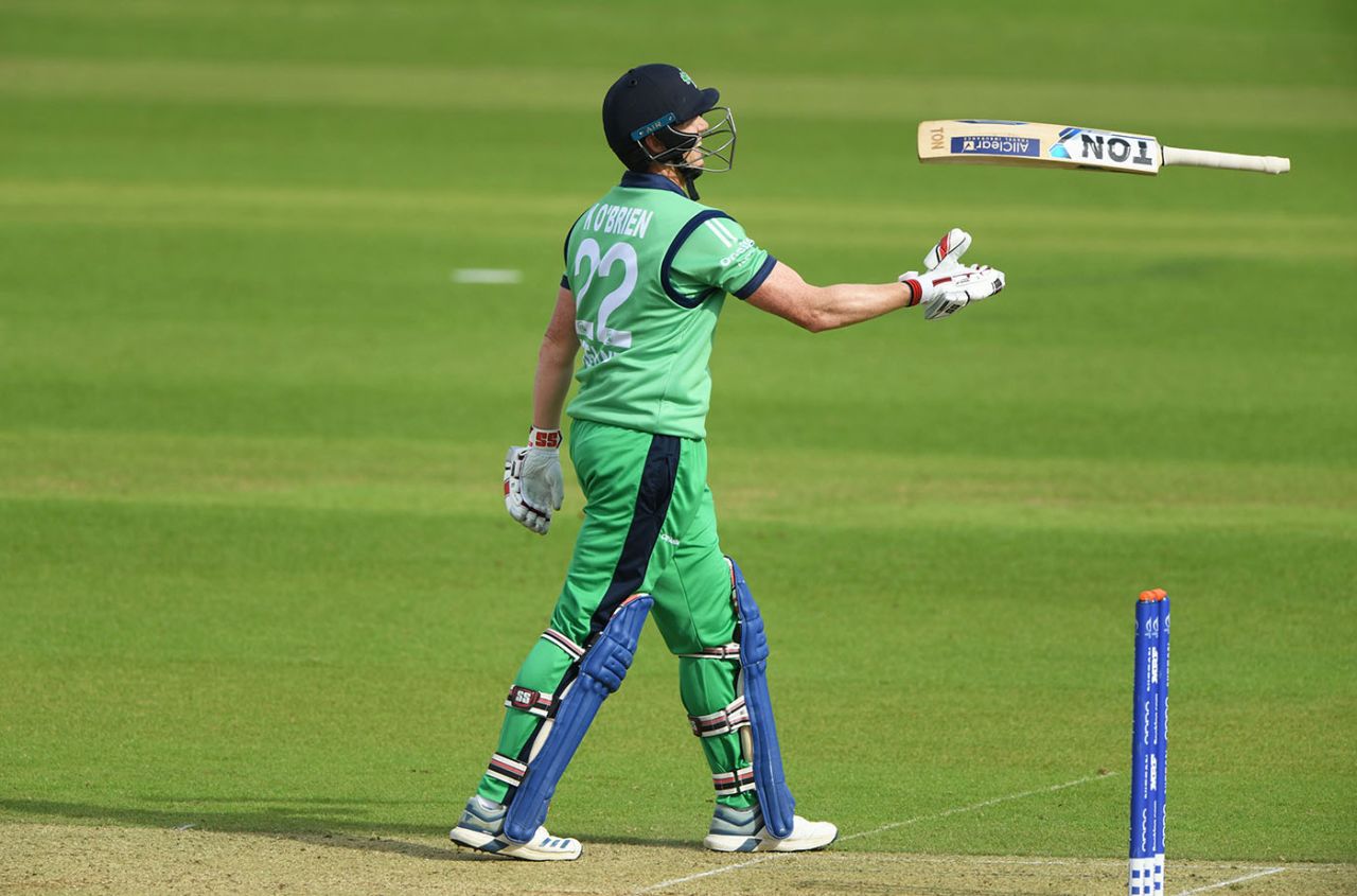 Kevin O'Brien throws his bat in the air after his dismissal, England Lions v Ireland, Tour game, Southampton, July 26, 2020