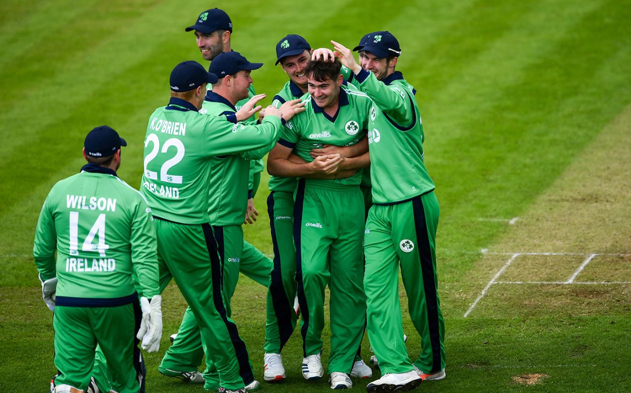 Josh Little is mobbed by his team-mates, Ireland v England, only ODI, Malahide, May 3, 2019