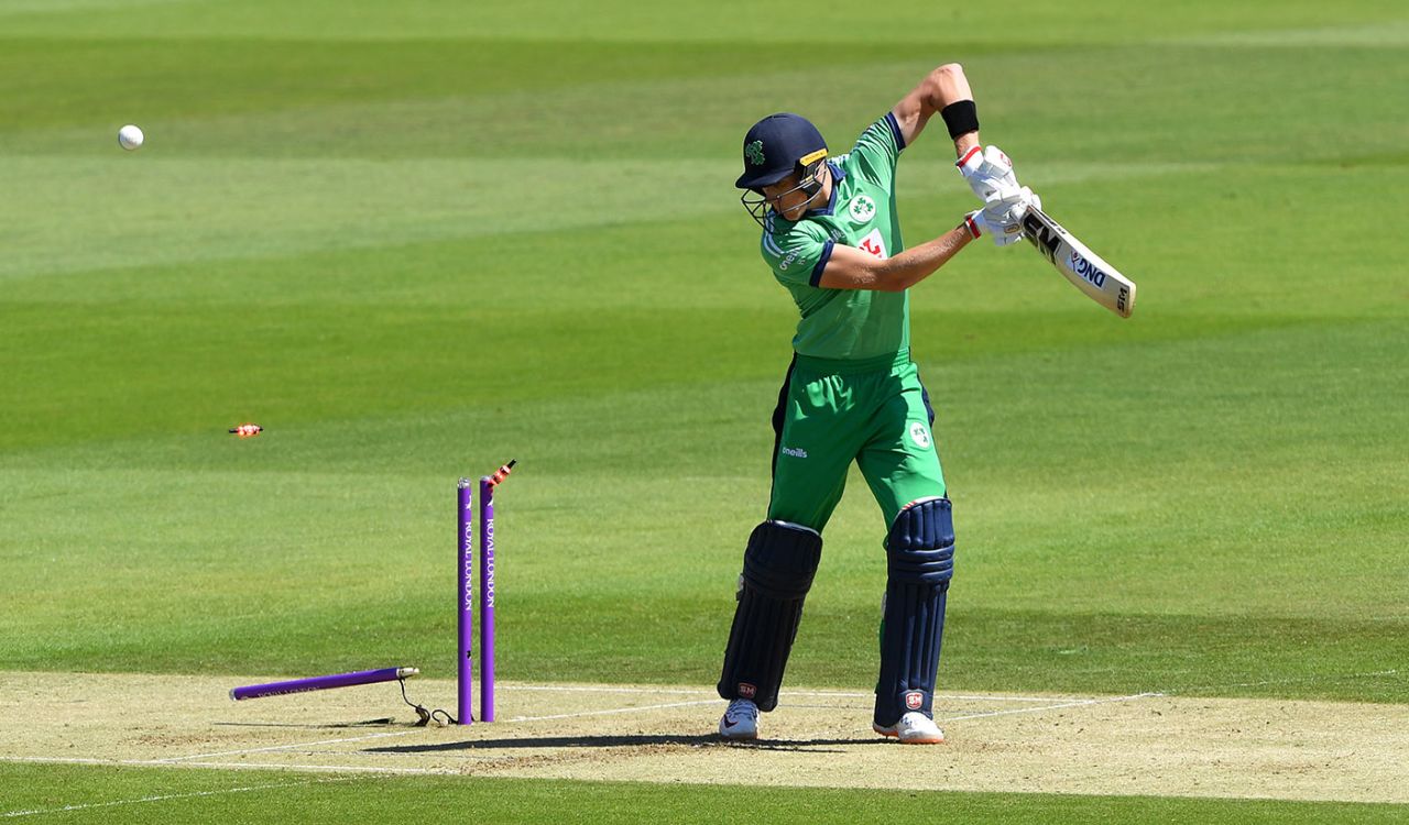 Harry Tector is bowled by Saqib Mahmood, England v Ireland, 1st ODI, Southampton, July 30, 2020