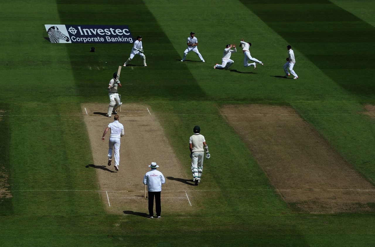 Joe Root takes a catch to dismiss Josh Hazlewood off Ben Stokes' bowling, England v Australia, 3rd Test, Edgbaston, 3rd day, July 31, 2015