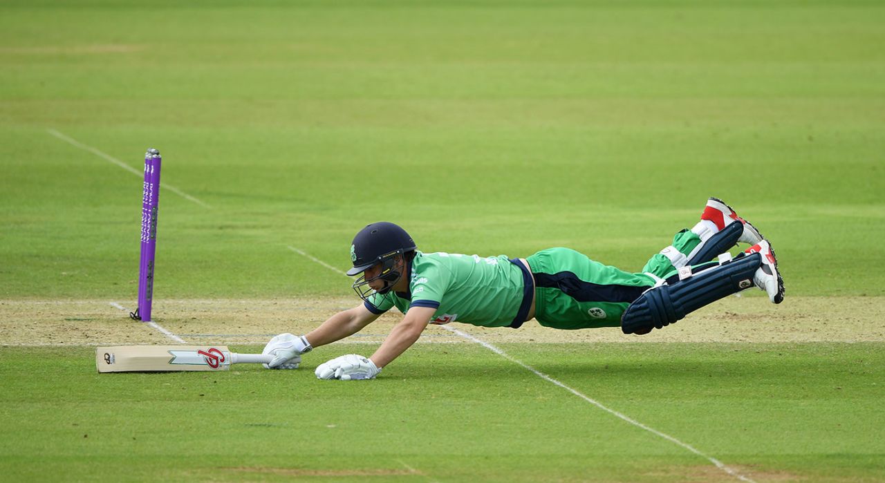 Andy McBrine dives for his crease, England v Ireland, 2nd ODI, Southampton, August 1, 2020