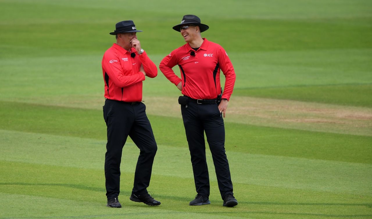 Umpires David Millns and Alex Wharf share a lighter moment, England v Ireland, 2nd ODI, Southampton, August 1, 2020