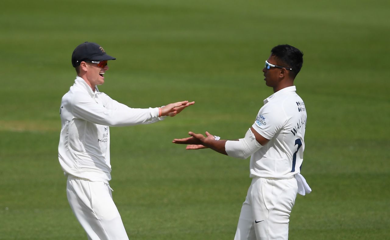 Thilan Walallawita celebrates with Nick Gubbins after taking the wicket of Mark Stoneman, Surrey v Middlesex, Kia Oval, Bob Willis Trophy, August 1, 2020