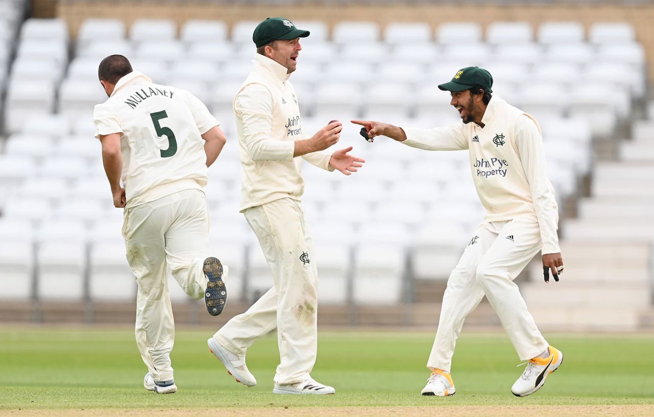 Haseeb Hameed celebrates with his team-mates after another Nottinghamshire wicket, Nottinghamshire v Derbyshire, Trent Bridge, Bob Willis Trophy, August 4, 2020