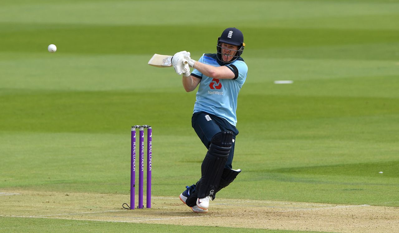 Eoin Morgan swings into the leg side, England v Ireland, 3rd ODI, Ageas Bowl, August 4, 2020