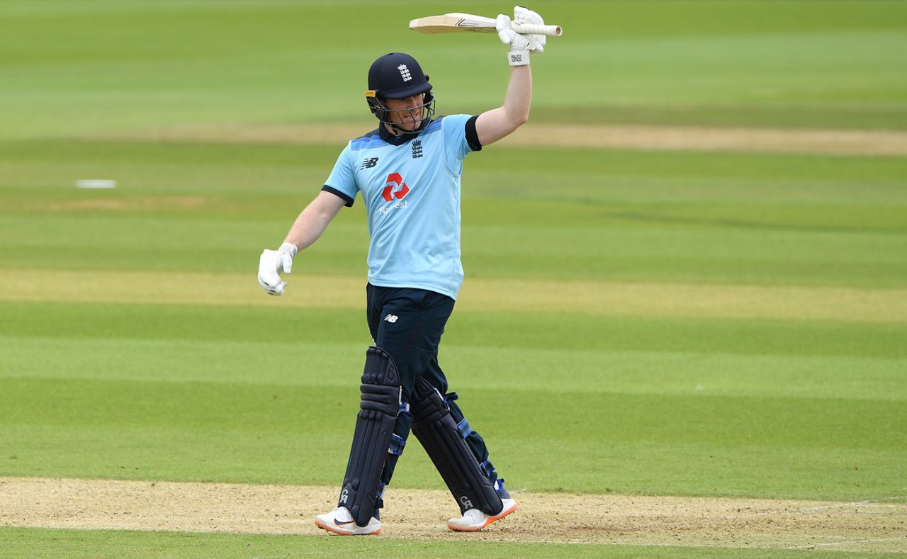 Eoin Morgan celebrates reaching fifty, England v Ireland, 3rd ODI, Ageas Bowl, August 4, 2020