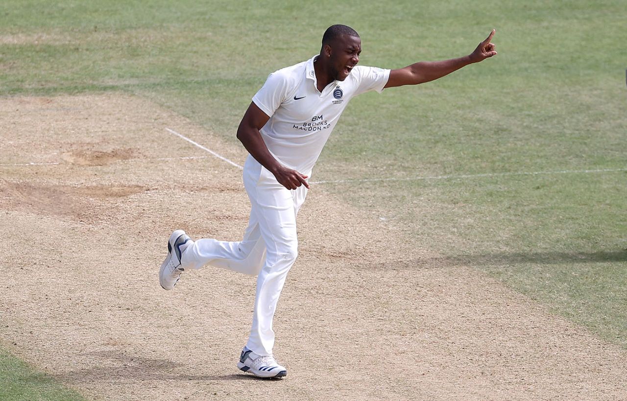 Miguel Cummins celebrates a wicket, Surrey v Middlesex, Kia Oval, Bob Willis Trophy, August 4, 2020