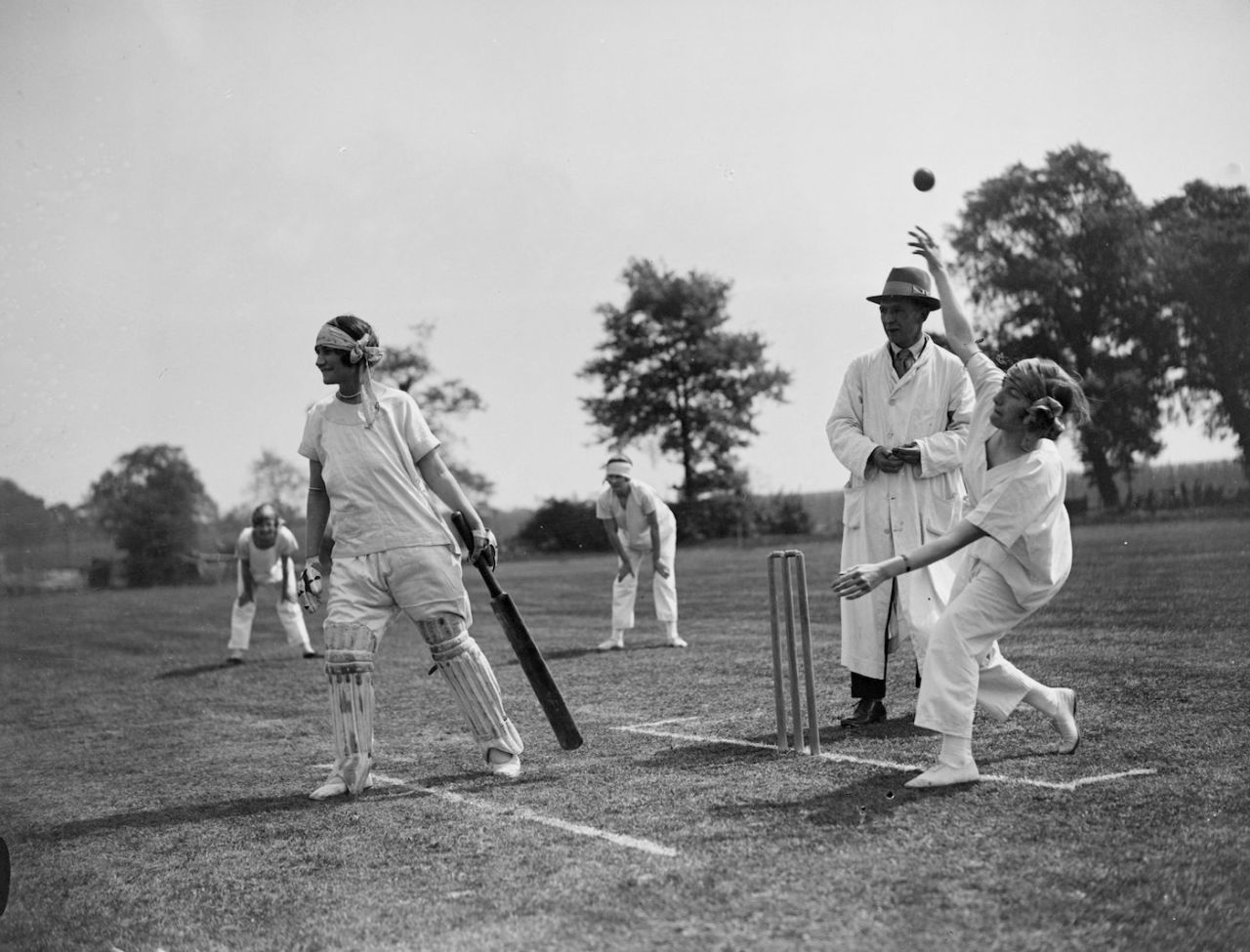 A game of pyjama cricket in progress, May 1927