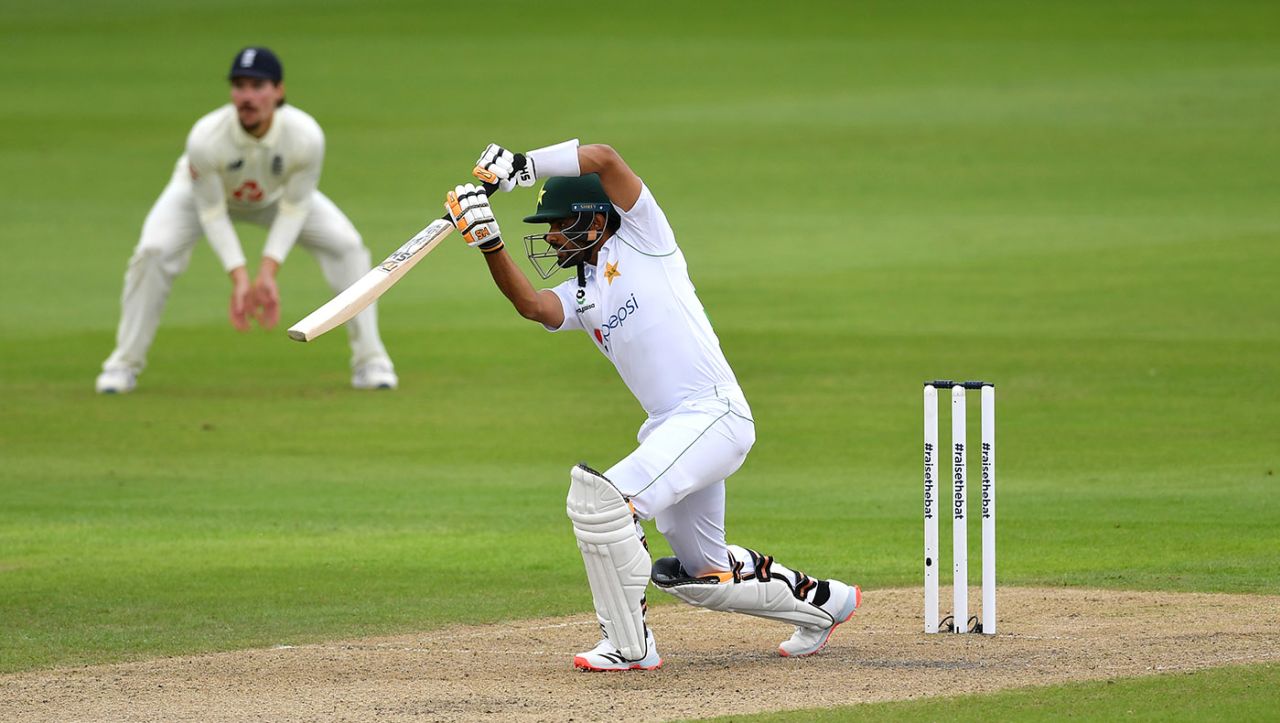 Babar Azam drives down the ground, England v Pakistan, 1st Test, Old Trafford, day 1, August 5, 2020