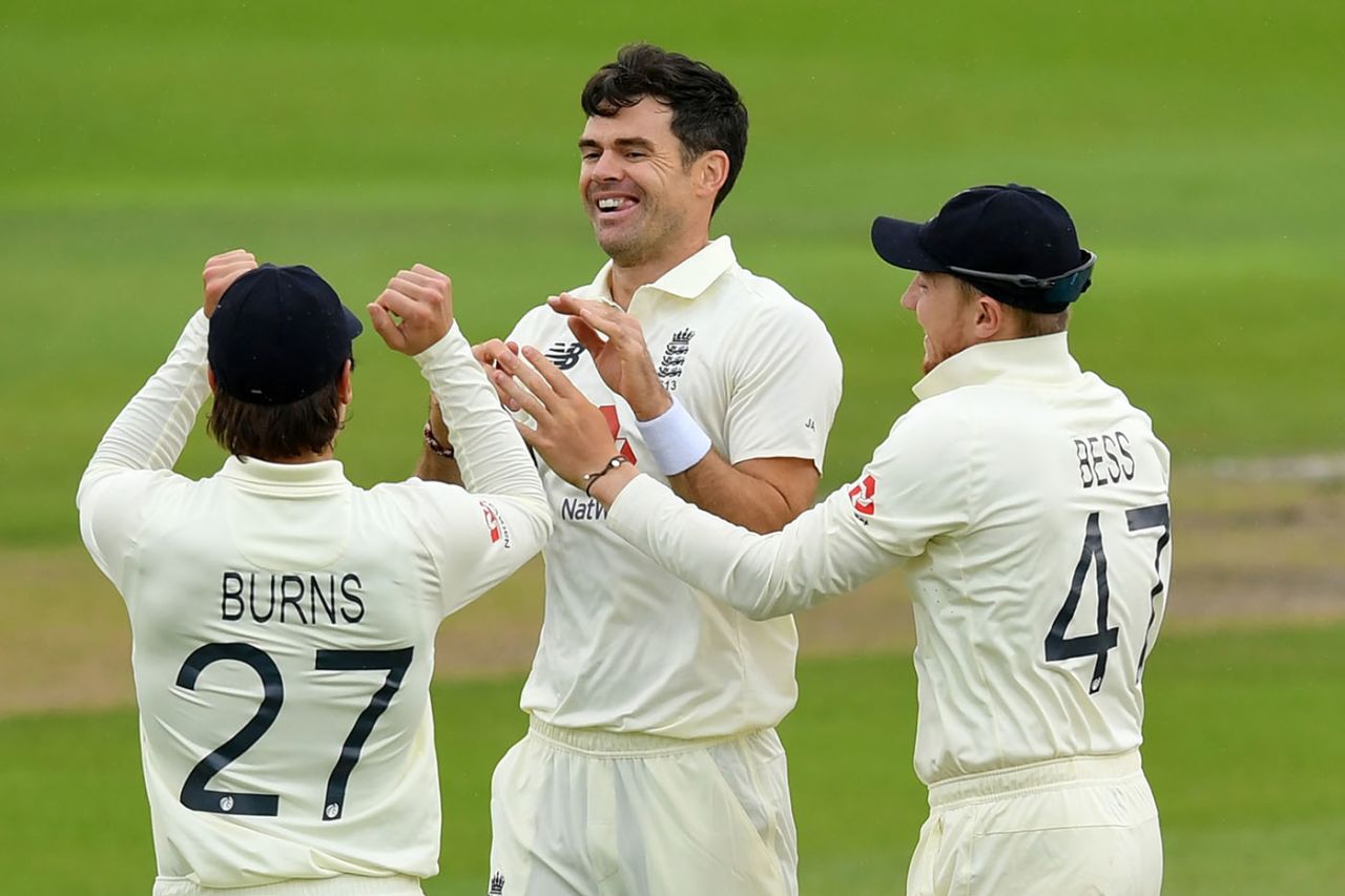 James Anderson is all smiles after breaking through, England v Pakistan, 1st Test, Old Trafford, 2nd day, August 6, 2020