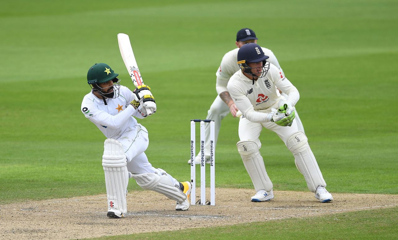 Shadab Khan drags the ball into the leg side, England v Pakistan, 1st Test, Old Trafford, 2nd day, August 6, 2020