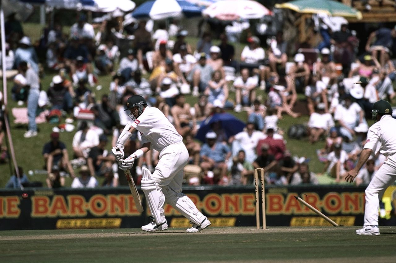 Mark Waugh is bowled by Allan Donald for 5, South Africa v Australia, 3rd Test, 1st day, Centurion, March 21, 1997