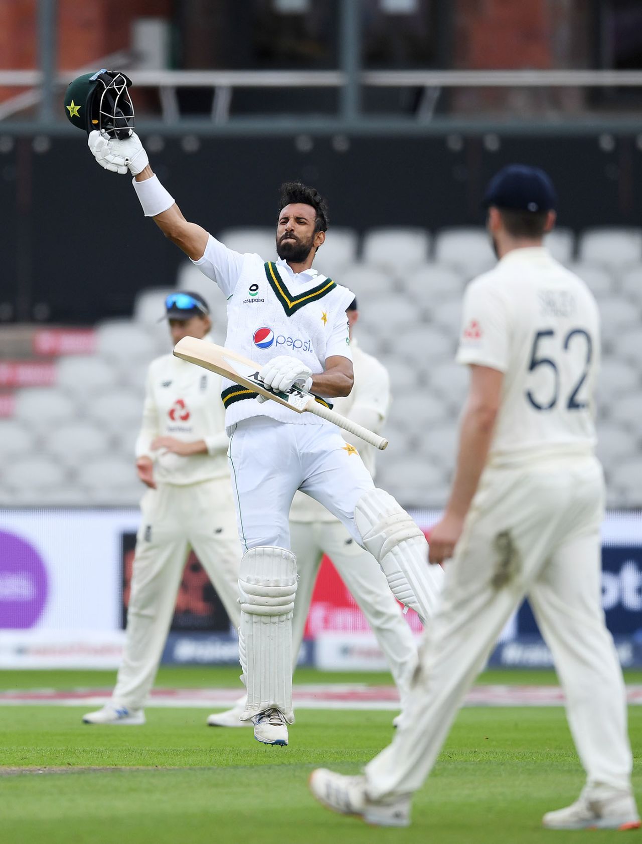 Shan Masood jumps for joy after reaching three figures, England v Pakistan, 1st Test, Old Trafford, 2nd day, August 6, 2020