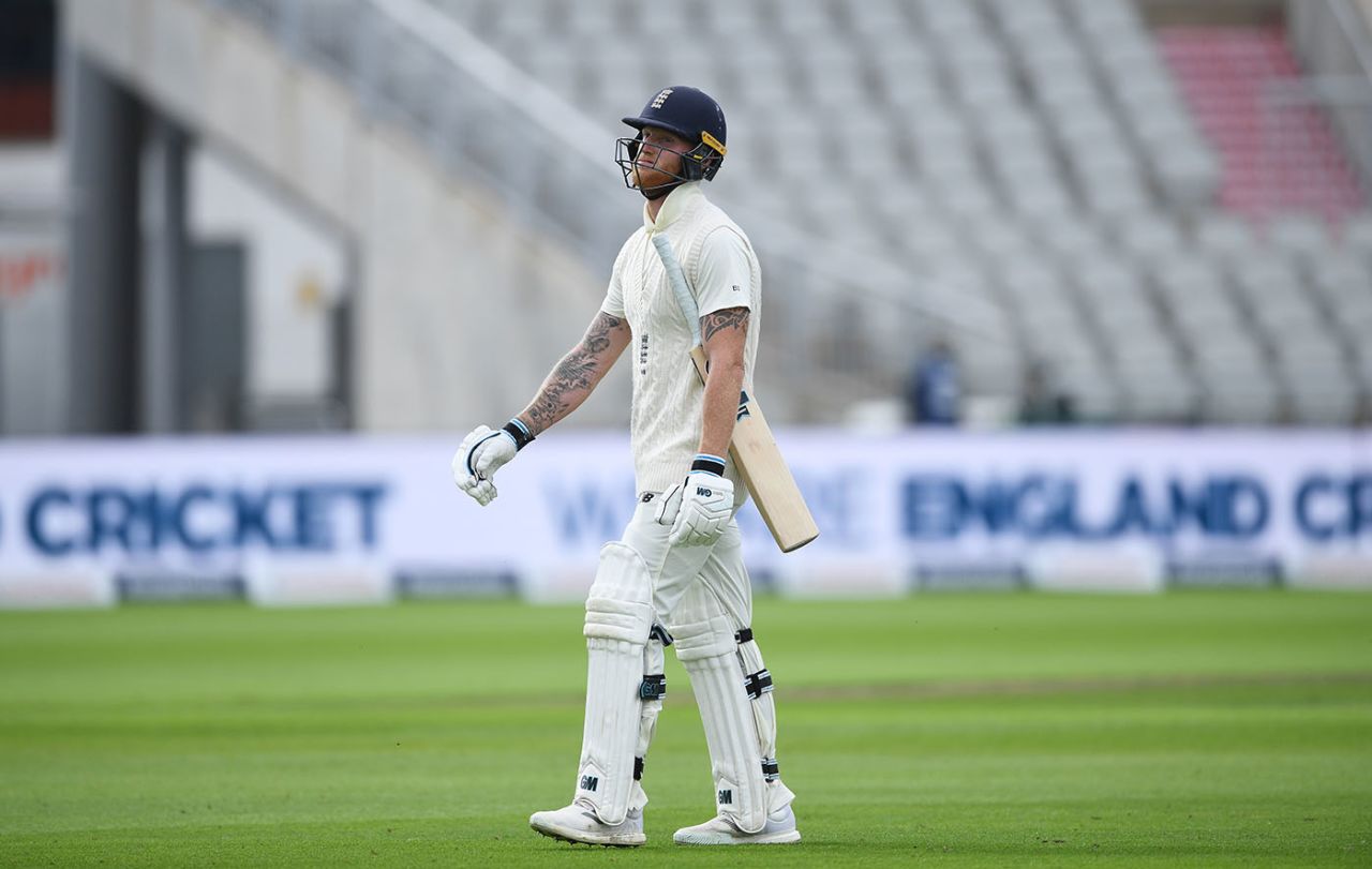 Ben Stokes trudges off after his dismissal, England v Pakistan, 1st Test, Old Trafford, 2nd day, August 6, 2020
