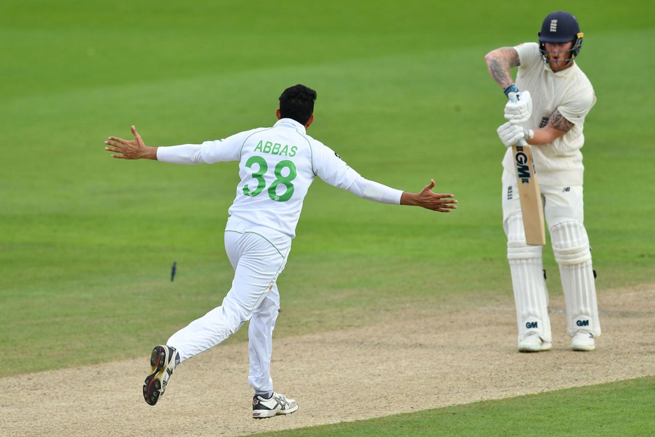 Ben Stokes winces as Mohammad Abbas bowls him for a duck, England v Pakistan, 1st Test, Old Trafford, 2nd day, August 6, 2020