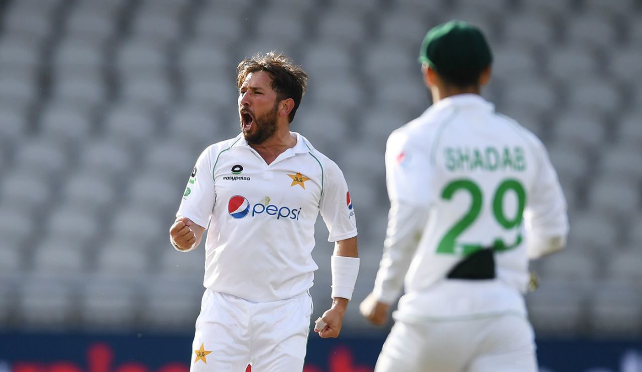 Yasir Shah celebrates after removing Joe Root, England v Pakistan, 1st Test, Old Trafford, 2nd day, August 6, 2020