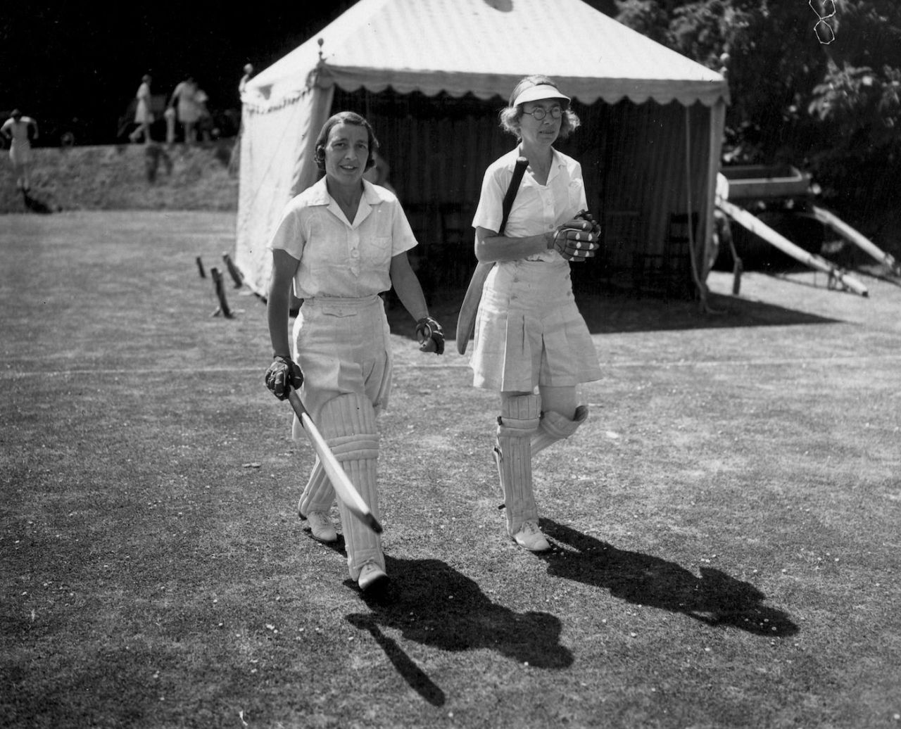 Betty Snowball (left) and T Dutton walk out to open the batting, Arundel Castle, Sussex, June 10, 1939