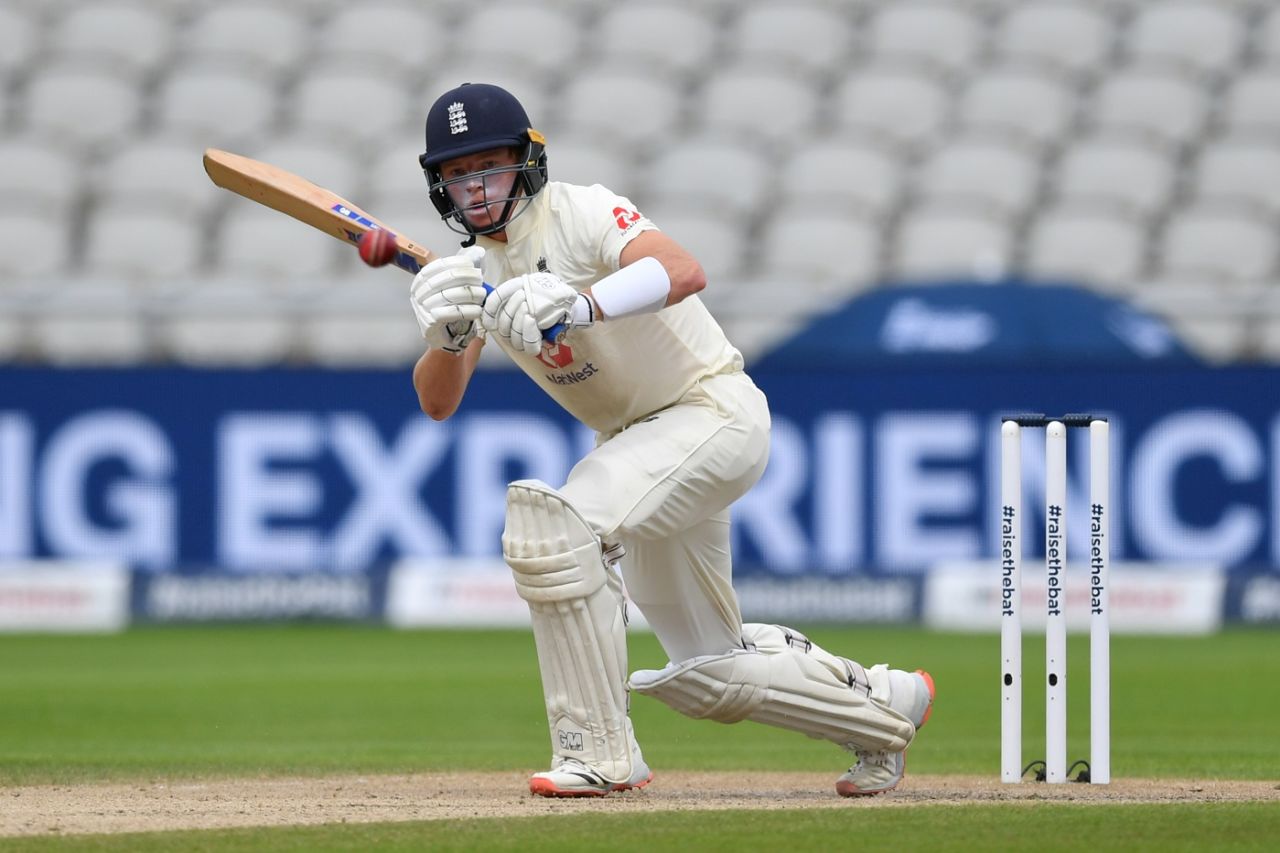 Eyes on the ball: Ollie Pope made a sturdy half-century, England v Pakistan, 1st Test, Old Trafford, 3rd day, August 7, 2020
