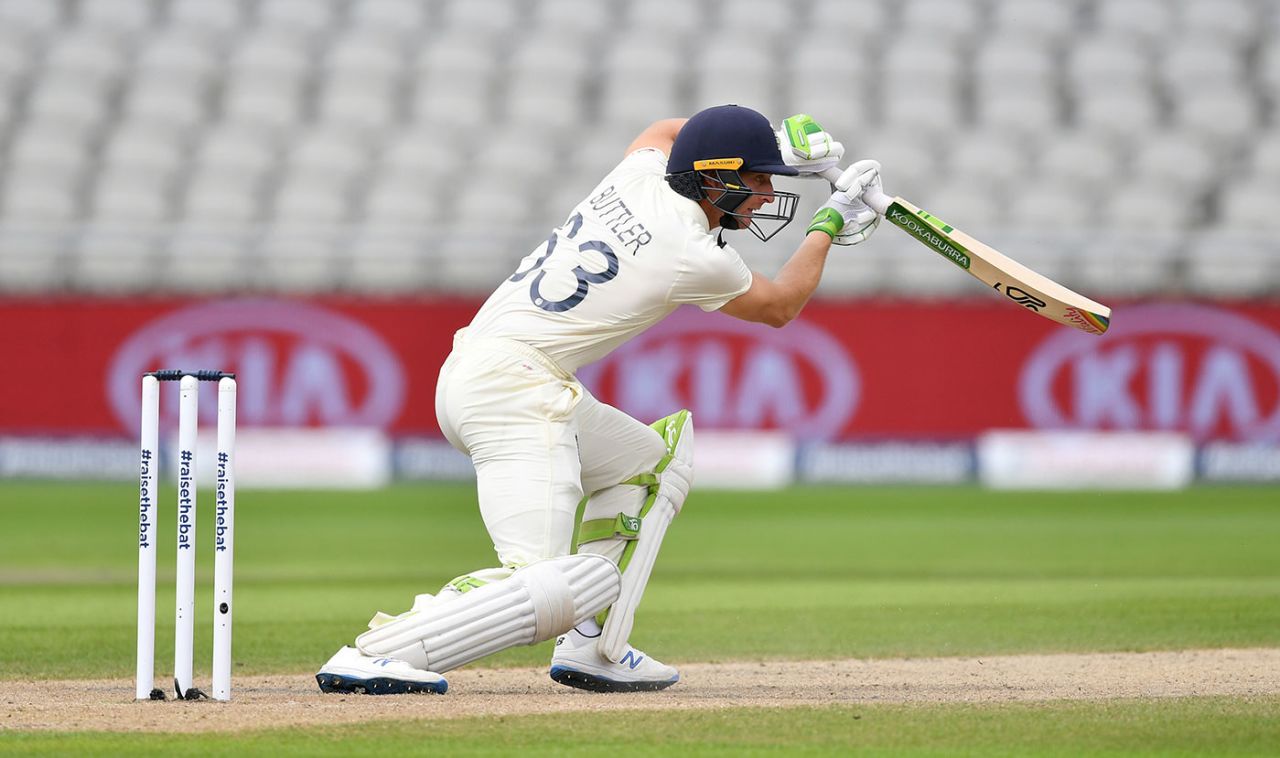 Jos Buttler drives through the covers, England v Pakistan, 1st Test, Old Trafford, 3rd day, August 7, 2020