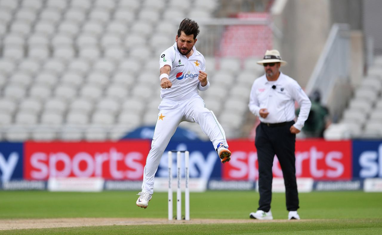 Yasir Shah punches the air after bowling Jos Buttler, England v Pakistan, 1st Test, Old Trafford, 3rd day, August 7, 2020