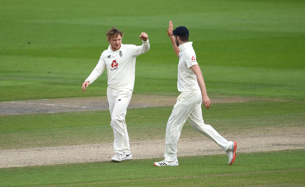Dom Bess celebrates the wicket of Abid Ali, England v Pakistan, 1st Test, Old Trafford, 3rd day, August 7, 2020