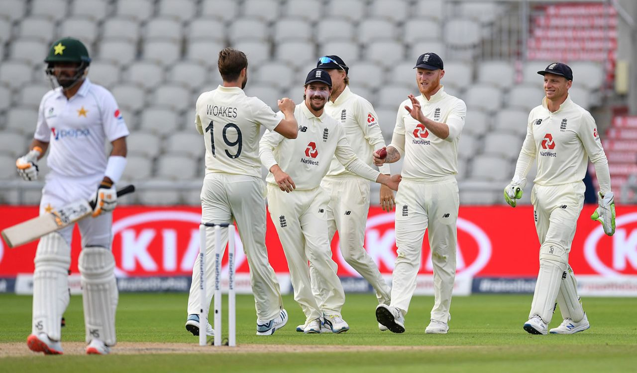 Chris Woakes claims the wicket of Babar Azam, England v Pakistan, 1st Test, Old Trafford, 3rd day, August 7, 2020
