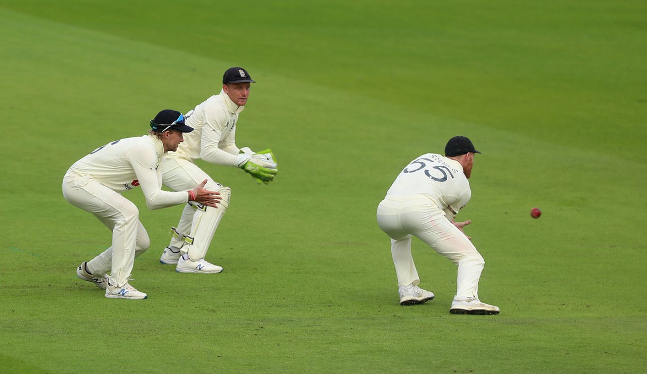 Ben Stokes stoops to catch Babar Azam in the slips, England v Pakistan, 1st Test, Old Trafford, 3rd day, August 7, 2020
