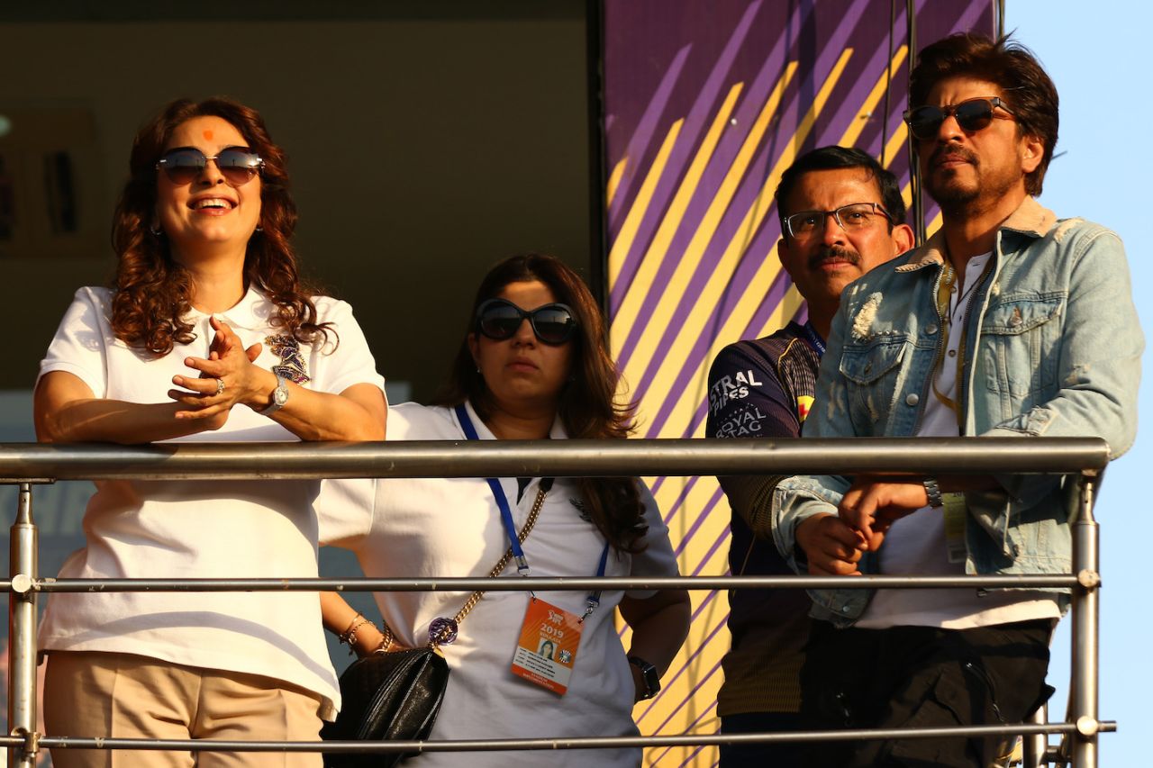 Kolkata Knight Riders co-owners Juhi Chawla and Shah Rukh Khan watch from the stands, Kolkata Knight Riders v Sunrisers Hyderabad, IPL 2019, Kolkata, March 24, 2019
