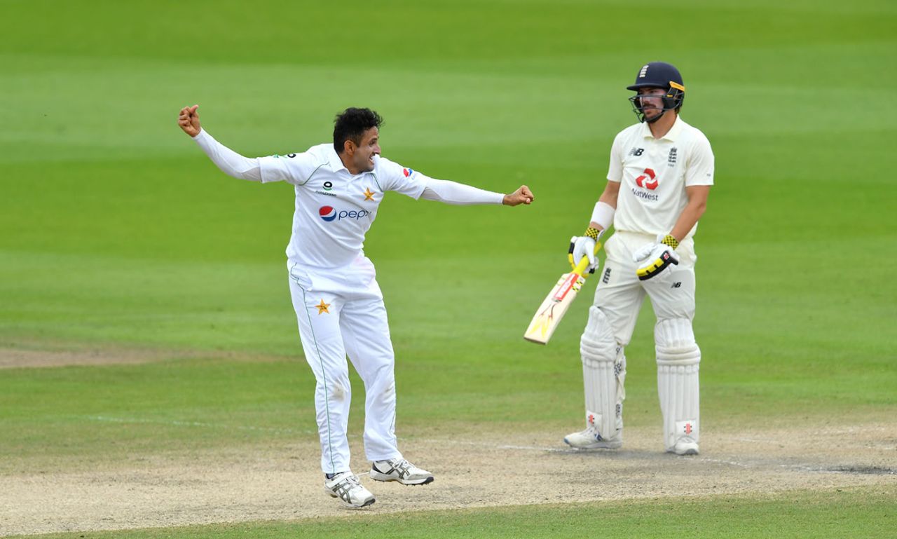 Mohammad Abbas celebrates the wicket of Rory Burns, England v Pakistan, 1st Test, Old Trafford, 4th day, August 8, 2020