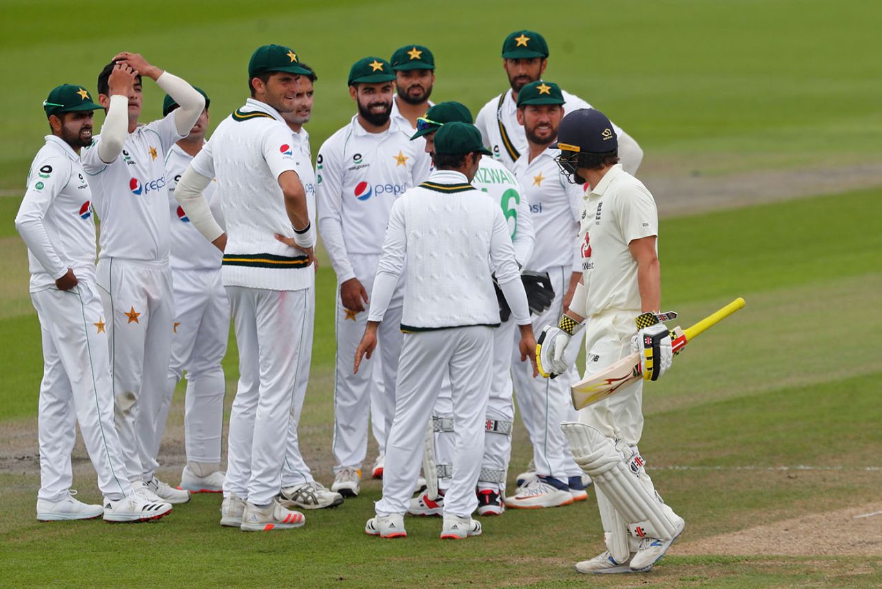 Rory Burns exchanged words with the Pakistan fielders on his way off, England v Pakistan, 1st Test, Old Trafford, 4th day, August 8, 2020